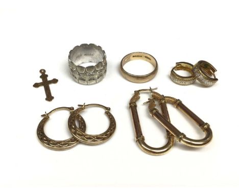 9ct gold wedding ring, size N, 9ct white gold thick band ring, size K½- L½, 9ct gold cross pendant and three pairs of gold ho