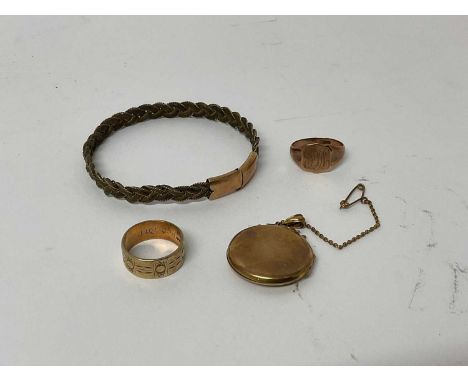 9ct gold locket, 9ct gold wedding ring, 9ct gold signet ring and a yellow metal mounted elephant hair bangle.14.3 grams total