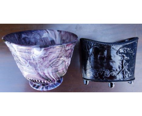 A black Sowerby glass canoe shaped bowl decorated Kate Greenaway figures with crescent moon and one other (2) 