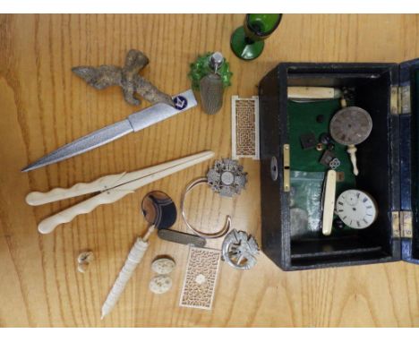 A jewellery box, an ivory netsuke, glove stretchers and other items 