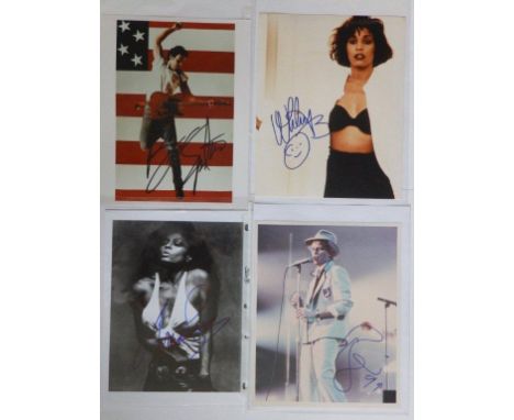Six signed portrait photographs of pop musicians,; David Bowie '99, Madonna, Diana Ross, Whitney Houston, Keith Richards and 