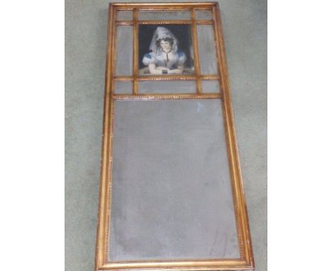 A 19thC panelled mirror with colour printed female portrait – 42” x 16.5” 