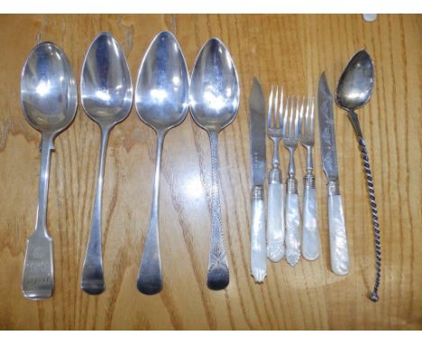 Four various silver teaspoons, six pieces of mother-of-pearl handled cutlery and a serving spoon (11) 