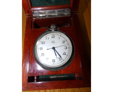 A Russian 'Kupoba' nickel plated chronometer pocket watch in mahogany travelling case 