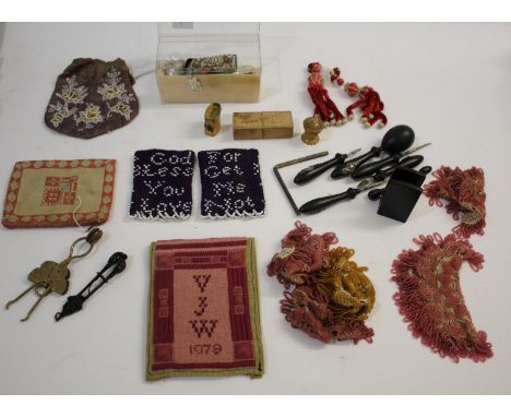 COLLECTION OF SEWING ITEMS &amp; OTHER COLLECTABLES including a pair of cotton Union Jack flags, woven beadwork mats, a pair 