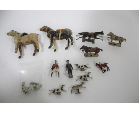LEAD HORSES &amp; HUNTING FIGURES including 3 painted metal horses with metal stands, hunting dogs, Deer, Huntsman etc. Also 