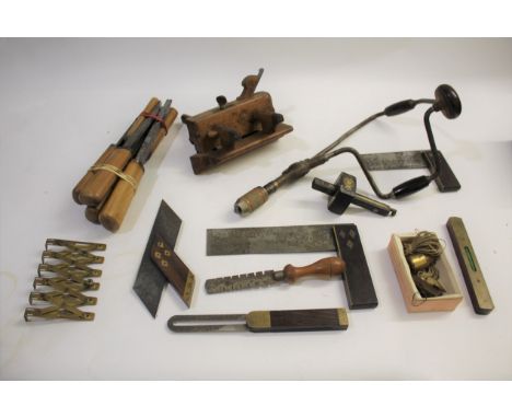 WOODWORKING TOOLS various vintage tools including 7 mortise chisels by Isaac Greaves, a wooden plough plane by Greenslade, Br