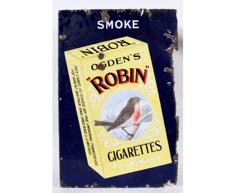 OGDEN'S 'ROBIN' ENAMEL SIGN a large pictorial enamel sign for Ogden's Robin Cigarettes. With various holes around the edge of