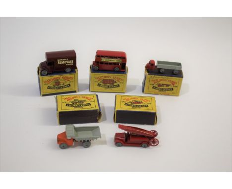 MATCHBOX SERIES 5 boxed models including No 17 Bedford Removals Van (Maroon body), No 5 London Bus, No 10 Scammell Mechanical