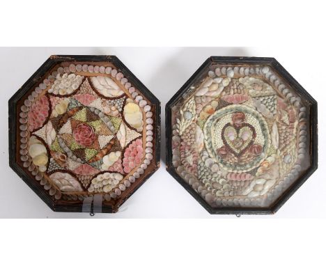 19THC SAILORS VALENTINES - SHELLS one octagonal wooden case with an intricate shell design including heart motif, and with gl