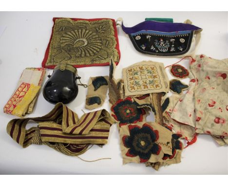 VINTAGE TEXTILES &amp; OTHER ITEMS a mixed lot including a collection of woollen crewelwork motifs, an early 20thc gourd shap