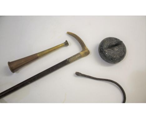 SILVER MOUNTED RIDING CROP with a antler handle and silver collar, marked for Birmingham, 1913. Also with a copper and brass 