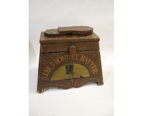 VINTAGE SHOE SHINE BOX - ADVERTISING INTEREST a painted shoe shine box, with advertising on each side (S Lee, Bond St, Hatter