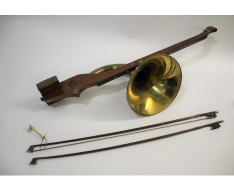 A T HOWSON PHONO FIDDLE &amp; HORN - VIOLIN INTEREST a patent instrument made in mahogany and with brass horn attached, marke