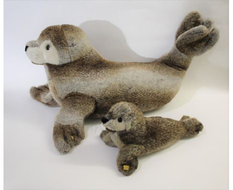 LARGE STEIFF GREY SEAL an unusually large Grey Seal by Steiff, No 482304 and with a yellow label (93cms long), also with a Gr