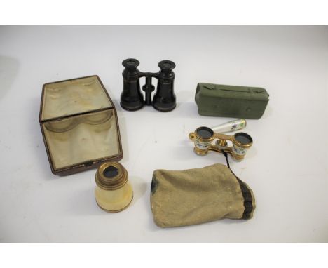 19THC FRENCH MONOCULAR &amp; OPERA GLASSES including a 19thc ivory and brass monocular, marked Soleil Optician Du Roi, Passag