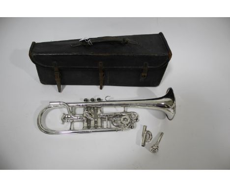 C MAHILLON &amp; CO CORNET a silver plated cornet with a long horn, stamped C Mahillon &amp; Co, London, 1269, and 9513 on th