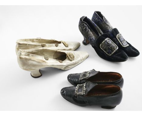 THREE PAIRS OF VINTAGE SHOES DEMONSTRATING THE USE OF THE BUCKLE:- A satin pair, a velvet &amp; fabric covered pair and a sma