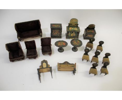 19THC DOLLS HOUSE FURNITURE a set of 19thc lithograph dolls house furniture including 2 tables, set of 7 dining chairs, dress