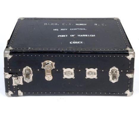 VINTAGE TRAVELLING STEAMER TRUNK/WARDROBE - MILITARY INTEREST a travelling trunk/wardrobe, the hard exterior with a leather c