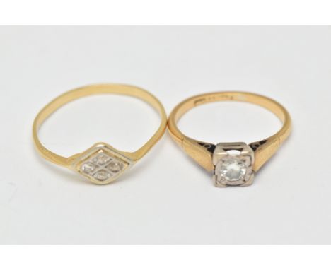 TWO YELLOW METAL DIAMOND RINGS, the first set with a single round brilliant cut diamond, estimated diamond weight 0.20ct, ill
