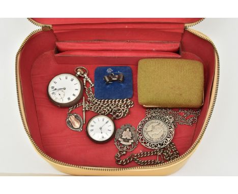 TWO SILVER OPEN FACE POCKET WATCHES ETC, both pocket watches with black Roman numerals, the first a mid Victorian example, ha