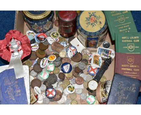 A BOX OF COINS, BADGES, FOOTBALL INTEREST AND SUNDRY ITEMS, to include four Notts County Football Club season ticket books: W