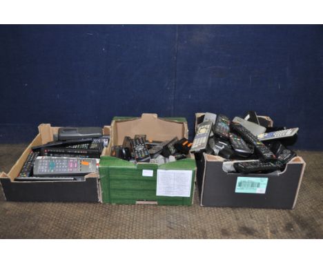 THREE TRAYS CONTAINING USED TV AND HI FI REMOTE CONTROLS including Panasonic, Sony, Toshiba, LG, JVC etc