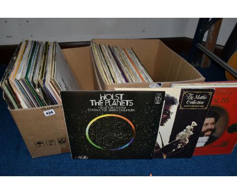TWO BOXES OF RECORDS, approximately ninety vinyl LPs and 12'' singles by artists and composers to include Queen: A Kind of Ma