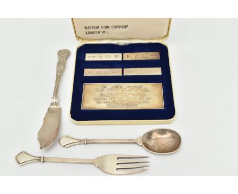 THE BRISTISH HALLMARK ASSAY OFFICE SPECIMEN SET AND THREE PIECES OF SILVER CUTLERY, cased set including four silver ingots ea