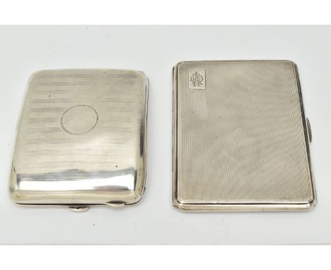TWO SILVER CIGARETTE CASES, the first of a rectangular form with engine turned pattern and engraved cartouche, fitted with a 