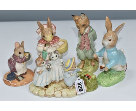 FIVE LARGE BESWICK/ROYAL DOULTON BEATRIX POTTER FIGURES, comprising 'Mittens, Tom Kitten and Moppet' figure group, Annual Col