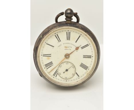 A SILVER OPEN FACE POCKET WATCH, key wound movement, round white dial signed 'The Farringdon Guard Reg'd', Roman numerals, su