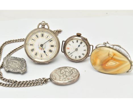A BAG OF WHITE METAL JEWELLERY, to include a white metal ladies open face pocket watch, stamped to the inside case back 0.955