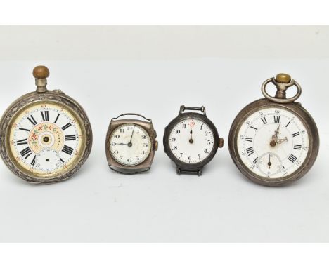 TWO POCKET WATCHES AND TWO WRISTWATCHES, to include an AF manual wind, base metal, open face pocket watch, another AF base me