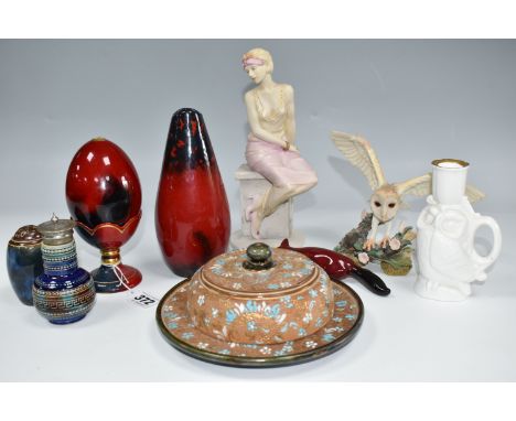A GROUP OF ROYAL DOULTON CERAMICS, to include a  Flambé egg on stand, stand marked no 1903, a Flambé Centenary 1904-2004 vase