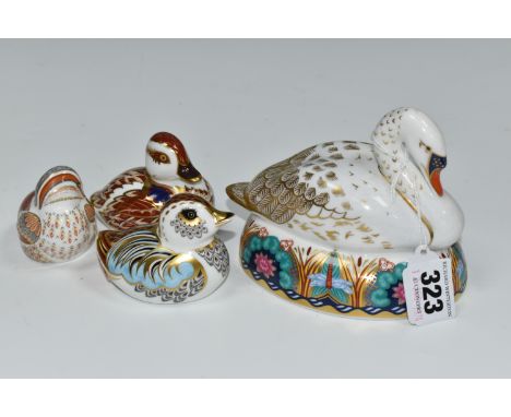 FOUR ROYAL CROWN DERBY BIRD PAPERWEIGHTS, comprising Swan, Collectors Guild Duckling, Teal Duckling - a Collectors Guild excl