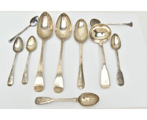 A BAG OF 18TH, 19TH AND 20TH CENTURY SILVER SPOONS, including a George I Hanoverian tablespoon, engraved initials 'AH', maker