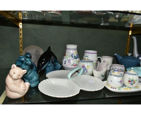 A COLLECTION OF POOLE POTTERY, to include ten pieces of traditional ware, including a 15cm vase in Blue Cockerel pattern, Twi