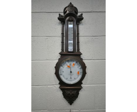 HARRISON AND SON OF DARLINGTON, A 20TH CENTURY OAK BAROMETER, with carved details, height 91cm (condition report: marks, scuf
