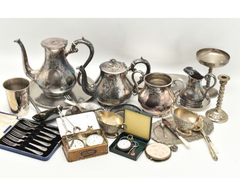 A BOX INCLUDING POCKET WATCHES AND ASSORTED WHITE METAL WARE, to include a white metal open face, key wound pocket watch, sig