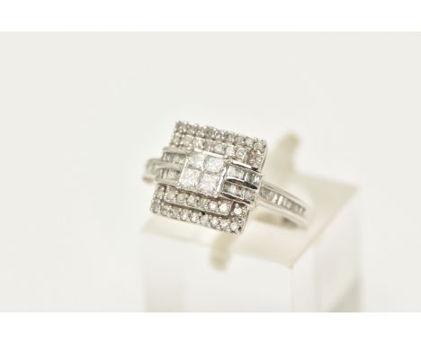 A 9CT WHITE GOLD DIAMOND CLUSTER RING, of square outline with central cluster of four princess cut diamonds, flanked by two r