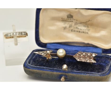 A MID VICTORIAN 9CT GOLD DIAMOND RING AND BROOCH, the ring designed as a line of eight old cut diamonds to the plain band, es