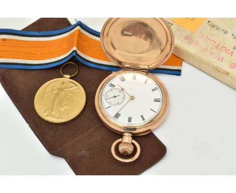 A GOLD PLATED FULL HUNTER POCKET WATCH AND A WWI MEDAL, manual wind full hunter pocket watch, round white Roman numeral dial,