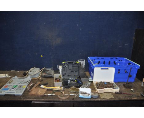 A TRAY CONTAINING TOOLS including a marking stand, a Standard Dial Gauge, two micrometres, a Record No0 vice, various drill b