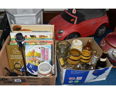 TWO BOXES AND LOOSE BOOKS, BREWIANA, AND LOOSE to include a quantity of corkscrews and bottle openers, a pair of Wade barrel 