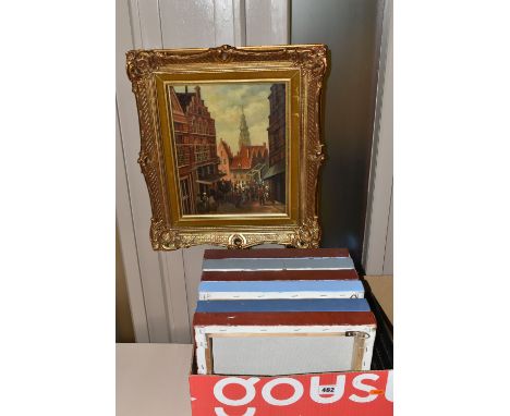 A SMALL COLLECTION OF PAINTINGS AND PRINTS, comprising a 20th century Dutch town scene with figures in a 19th century style, 