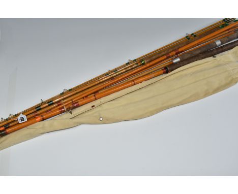 A MITRE HARDY WONDREX 11FT FLOAT ROD, three piece split cane construction with matching rod bag, appears to have had a replac