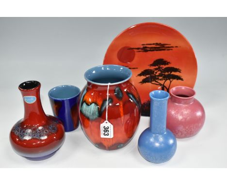 A COLLECTION OF POOLE POTTERY, comprising a Volcano pattern baluster vase height 16cm, a blue and orange 'living glaze' beake