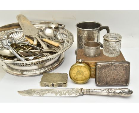 A BOX OF SILVER AND WHITE METAL ITEMS, to include a white metal open face pocket watch, silver and gold detailed Roman numera